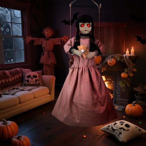 Halloween Hanging Girl Decoration with Glowing Eyes and Sound, Outdoor Haunted House Prop