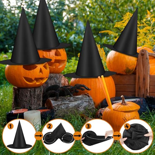 36 Pack Hanging Witches Hats for Halloween Decor - Black Floating Witch Hat with 492 ft Rope - Outdoor Porch Decorations - Variation of 36