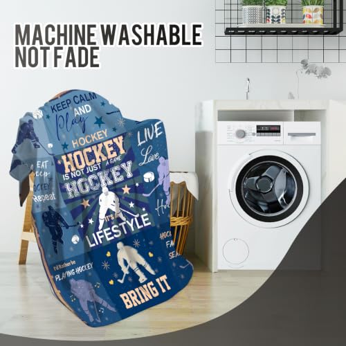 Hockey Blue Throw Blanket 60x80 Inches - Soft Flannel Ice Hockey Gift for Boys Girls Teens Adults