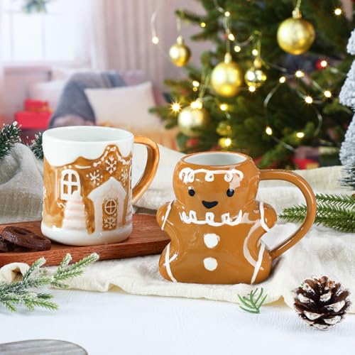 Christmas Ceramic Mug Set - Gingerbread Man & House 3D Design, 14 oz - Variation of THIS listing