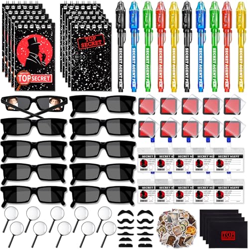 Black Spy Detective Party Favors Kit for Kids - 132 Pieces with Sunglasses and Invisible Ink Pen
