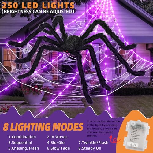 Purple Halloween Spider Web Light Decorations with 59-Inch Giant Spider