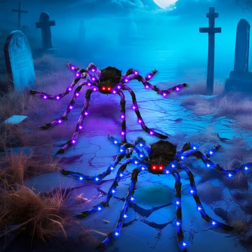50 Inch Giant Light Up Halloween Spiders Set - Blue and Purple, Bendable Legs, Battery Operated