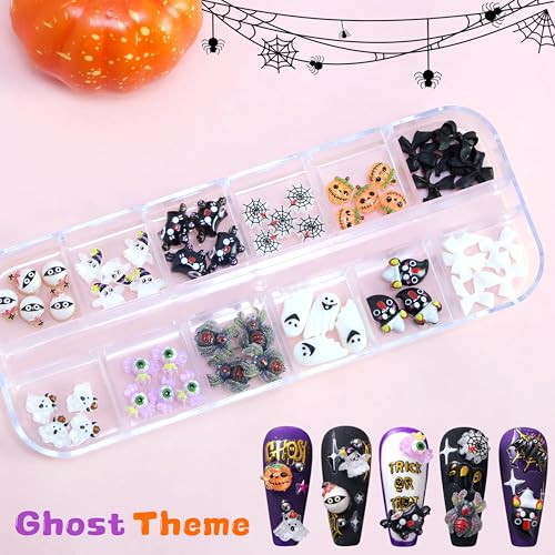 Halloween Pumpkin Bats Nail Charms Rhinestones Set - Orange, 12 Grids for DIY Nail Art