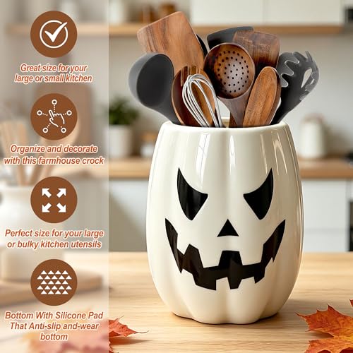 Halloween Pumpkin Ceramic Utensil Holder - Kitchen Decor & Organizer - Variation of Halloween Pumpkin