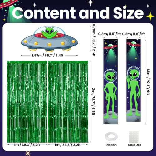 Alien Party Decorations Set - UFO Banner, Green Fringe Curtains & Alien Signs