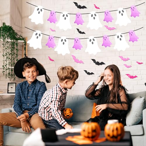 Pastel Halloween Decor Set with Ghost Banners, Bat Stickers & Spider Web Table Runner