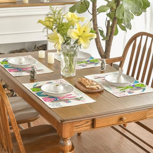 12x18 Inch Bunny Easter Placemats Set of 4 - Spring Table Decor, Rectangular Blue & Pink