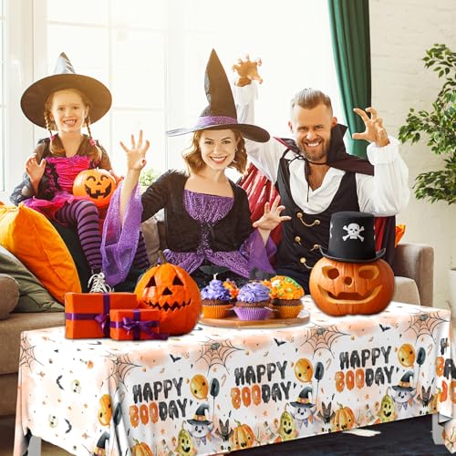 Halloween Happy Boo Day Tablecloth Set - Orange Black Ghost Pumpkins 3Pcs