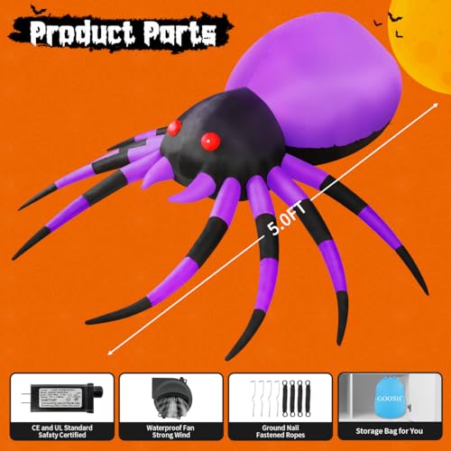 GOOSH 5 FT Purple Halloween Inflatable Spider Outdoor Decoration with Magic Lights