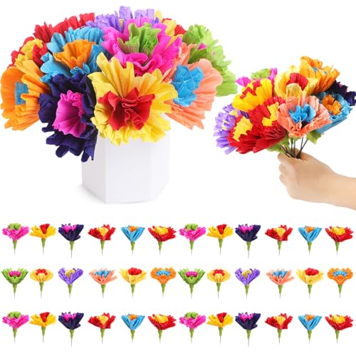 Bright Mexican Crepe Paper Flowers Set - 36 Colorful Tissue Flowers with Stems