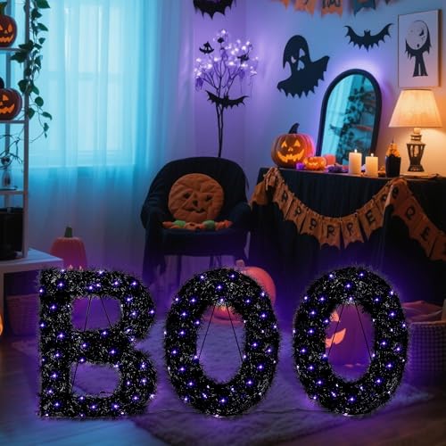 Outdoor Halloween Boo Sign Set with Purple LED Lights - Black & Purple, 3 Pieces