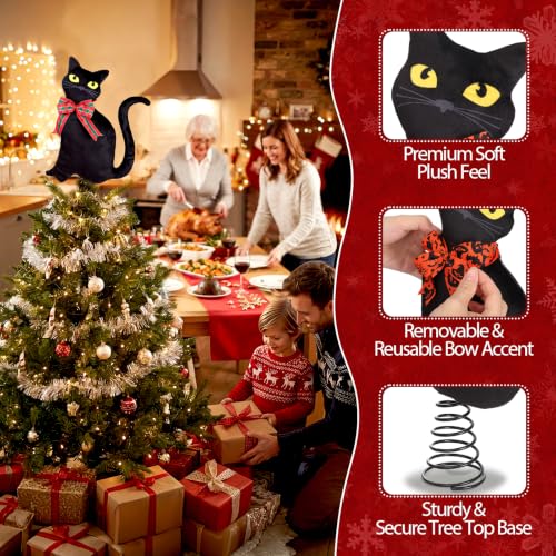Halloween & Christmas Black Cat Tree Topper with Changeable Bows - 11.8 Inch Decor