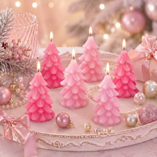 Pink Christmas Tree Candles Set - 6 Mini Colorful Candy-Shaped Holiday Decor