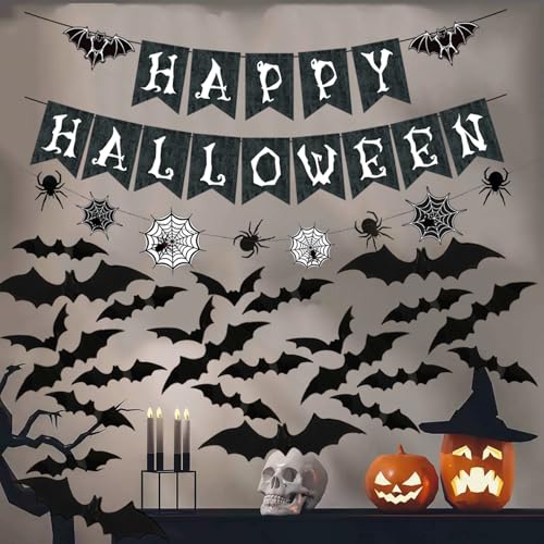 Halloween Banner with Spider Garland and Bat Wall Decals - Indoor Party Decorations