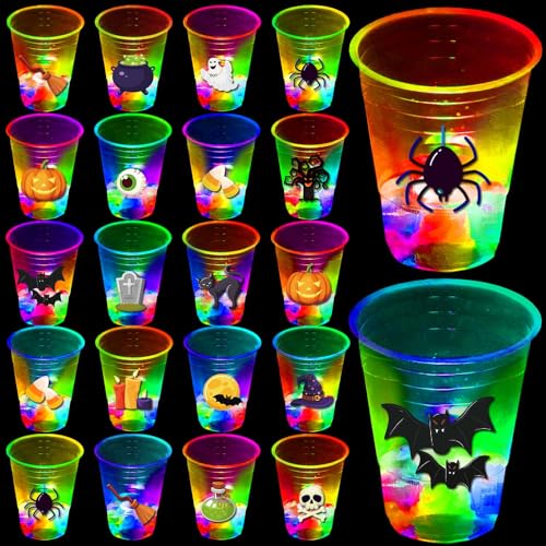 40 Pcs Glow in The Dark Halloween Party Cups - Pumpkin Bat Ghost Theme, 16oz Plastic Drinkware with LEDs & Stickers - Mishunyus