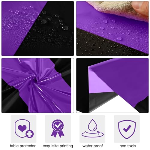 Disposable Plastic Table Cloth - 54 x 108 Inches, Black & Purple, Pack of 6