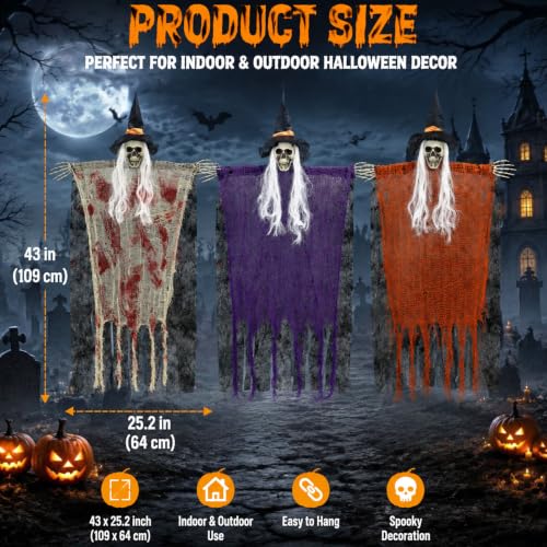 Halloween Skeleton Decorations Set - Red & Orange 43 Inch Hanging Spooky Decor with Poseable Arms for Porch Yard & Party