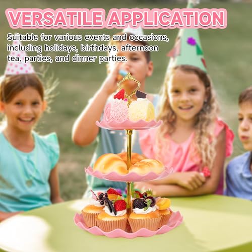 Pink Plastic 3-Tier Cake Stand with Metal Rod - Dessert Display for Parties