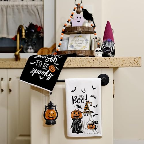 Halloween Kitchen Towels Set of 2 Ghost and Pumpkin Decor - Microfiber Farmhouse Style