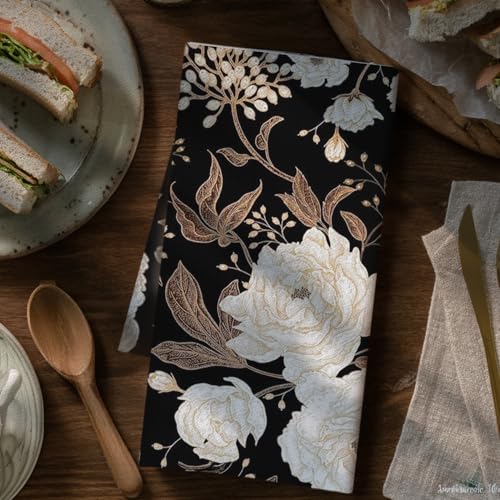 Decorative Floral Kitchen Towels Set - Black White Gold Peony 16x24 Inch