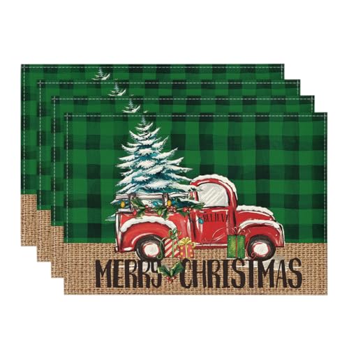Green and Black Buffalo Plaid Truck Christmas Placemats Set of 4 - 12x18 Inch Rectangular