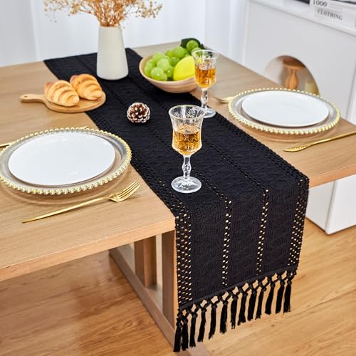 Black Table Runner with Tassels - Boho Fall Decor 12x90 Inch - FEXIA Variation
