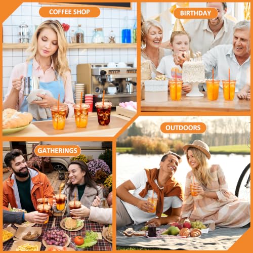 Orange Plastic Party Cups with Lids and Straws - 16oz 50 Pack - Disposable Drinkware