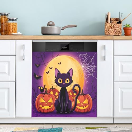Halloween Pumpkins Cat Dishwasher Magnet Cover Bats Spider Web Full Moon - Magnetic Kitchen Decor - 23x26 inch - Pumpkin Cat Variation