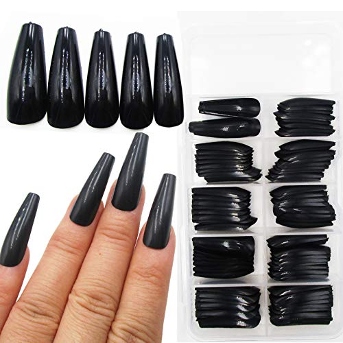 Long Black Coffin Press On Nails Set - 120 Pcs Fake Nails with Sizes & Tips