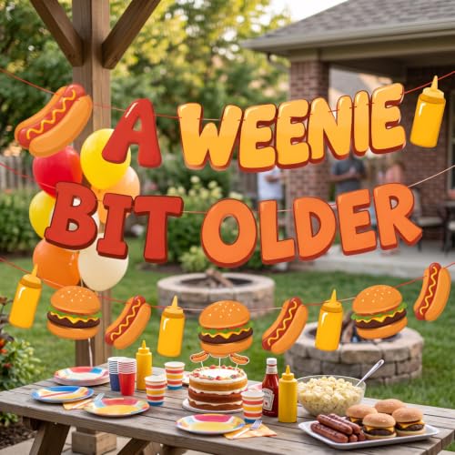 Red and Yellow Hot Dog Banner Garland - Weenie Bit Older Party Decor for BBQ & Birthday