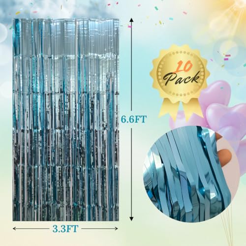 Sky Blue Foil Fringe Curtains 10 Pack 3.6x7.3 Ft Party Backdrop for Celebrations