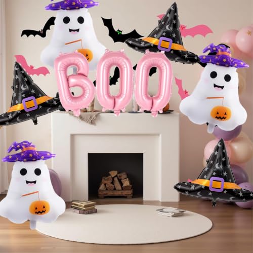 Halloween Balloon Set with Ghost & Witch Hat Foil Balloons - Pink Party Decorations