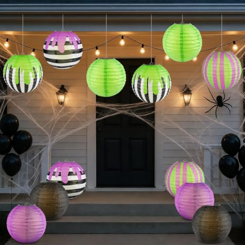 Halloween Paper Lanterns Set - 12 Black, Purple, Green Striped Decor, 10 Inch