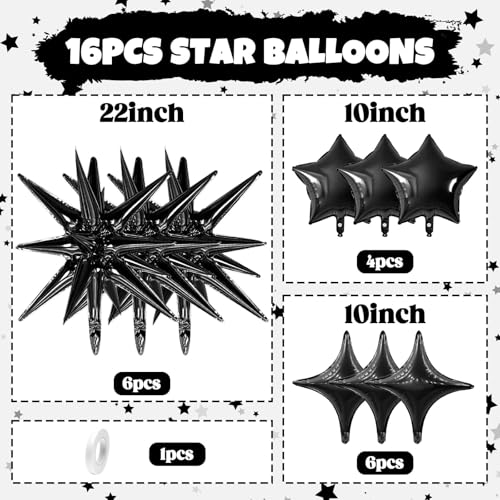 Black Star Balloon Set - Spike Balloons for Birthday Party Decorations, 16 Pieces