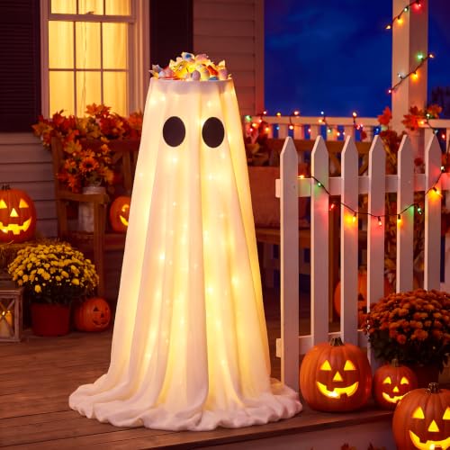 White 39 Inch Lighted LED Halloween Ghost Candy Bowl Stand with Remote & Timer