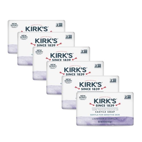 Kirk's Castile Bar Soap for Men, Women & Children - Made with Premium Coconut Oil, Sensitive Skin Formula, Vegan, Non GMO, Lavender & Vanilla, 4 oz. Bars 6 Pack