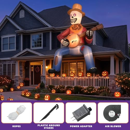 12FT Outdoor Inflatable Skeleton Cowboy with Banjo LED Lights - Halloween Yard Decor - Variation: Brown Cowboy