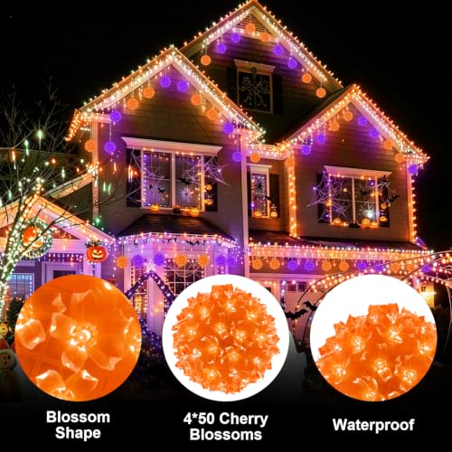 LED Halloween Sphere Lights - 4.2-Inch Purple & Orange Cherry Blossom Ornaments with 16 Modes, Indoor Outdoor Decor (4 Pack)
