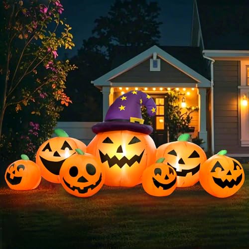 Round 8FT Halloween Inflatable Pumpkin with Witch Hat Yard Decor - Outdoor