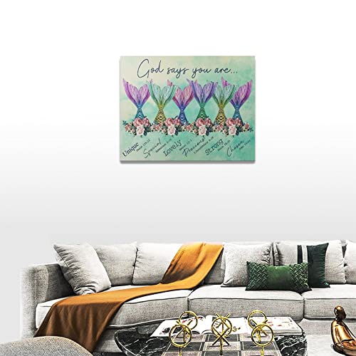 Colorful Mermaid Tail Wall Art - Girls Room Decor Canvas Print 16x12 with Frame