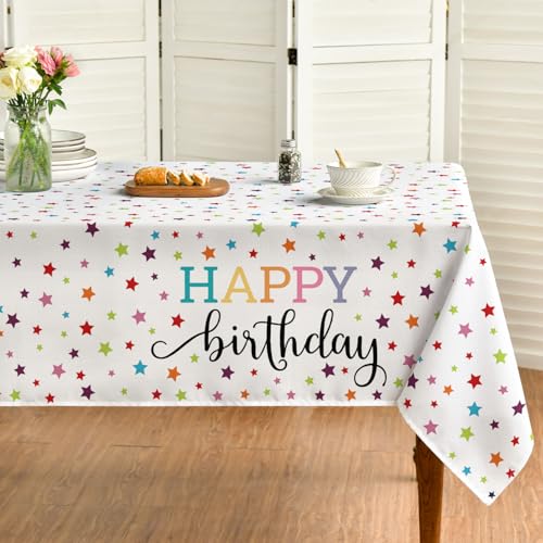 White Happy Birthday Tablecloth 60x104 Inch Rectangular - Durable Polyester