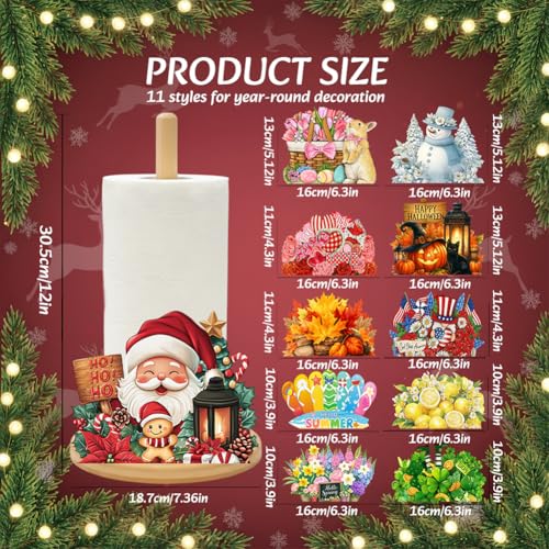 Rustic Bamboo Paper Towel Holder with 11 Seasonal Holiday Signs - Kitchen Decor