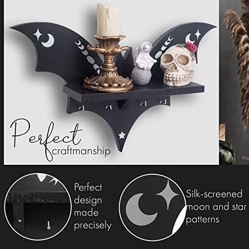 Spooky Bat Shelf Wall Decor - Halloween Gothic Coffin Shelf with Hooks for Curiosities