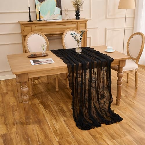 Black Lace Tablecloth - Vintage Rectangular 55x70 Inches with Scalloped Edges - Black / 70"x55"