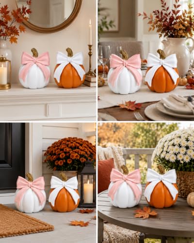 8-Inch Oversized Pumpkin Duo with Bow - Fall Indoor Outdoor Decor Set