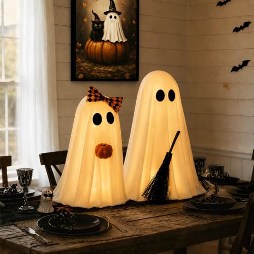 2 Pack Lighted Ghost Decorations with Broom & Pumpkin - Indoor Halloween Decor - Variation of This Listing