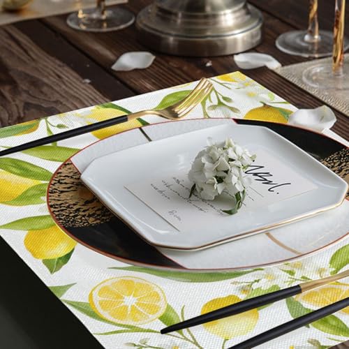 Set of 6 Washable Non-Slip Lemon Flowers Placemats - Heat Resistant Burlap Table Mats for Dining & Kitchen