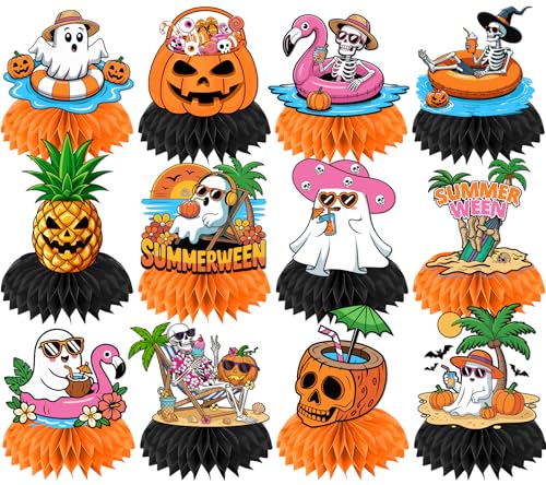 Summerween Halloween Honeycomb Centerpieces - 12 Pack, Pumpkin Ghost Skull Decor