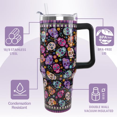 Halloween Day of the Dead Tumbler with Handle 40oz Sugar Skull Travel Mug - Multi Skull Variation